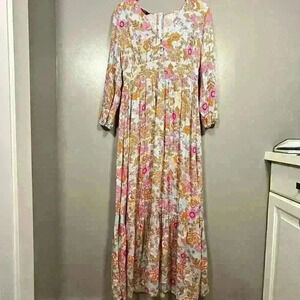 60S HIPPIE Floral Maxi Long Sleeve Dress V Neck Empire Waist Women Medium